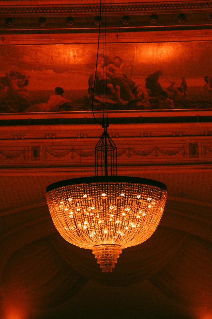 Chandelier and frescoed ceiling of the Kurzaal